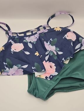 Navy Floral & Green Girls' Two-Piece Swim Bikini